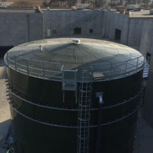 Steel Roof on a green bolted tank with ladder on the side.